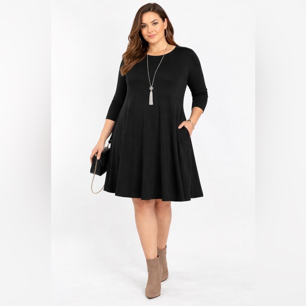 42POPS Black Swing Tunic Dress 2X 3/4 Sleeve Pockets Mini Plus Size